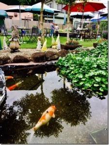 鯉が泳ぐ池とカラフルなパラソルとベンチのある庭の写真
